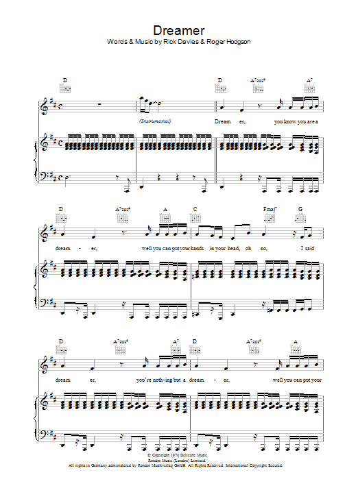 Supertramp Dreamer sheet music notes and chords. Download Printable PDF.