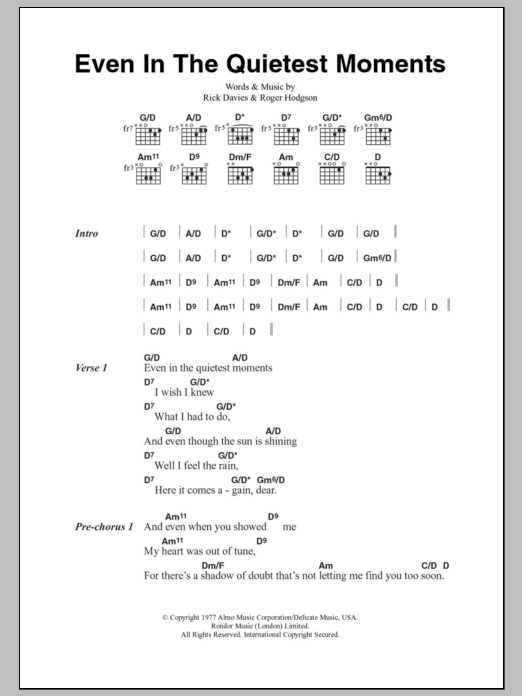 Supertramp Even In The Quietest Moments sheet music notes and chords. Download Printable PDF.