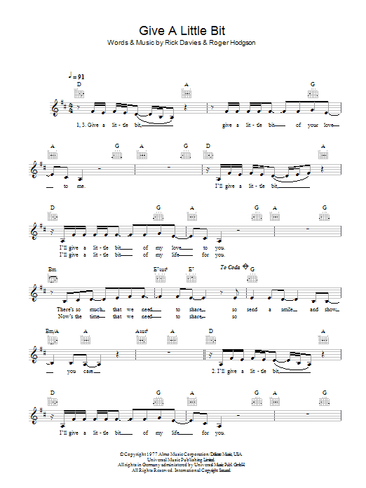 Supertramp Give A Little Bit sheet music notes and chords. Download Printable PDF.