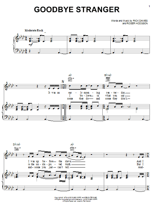 Supertramp Goodbye Stranger sheet music notes and chords. Download Printable PDF.