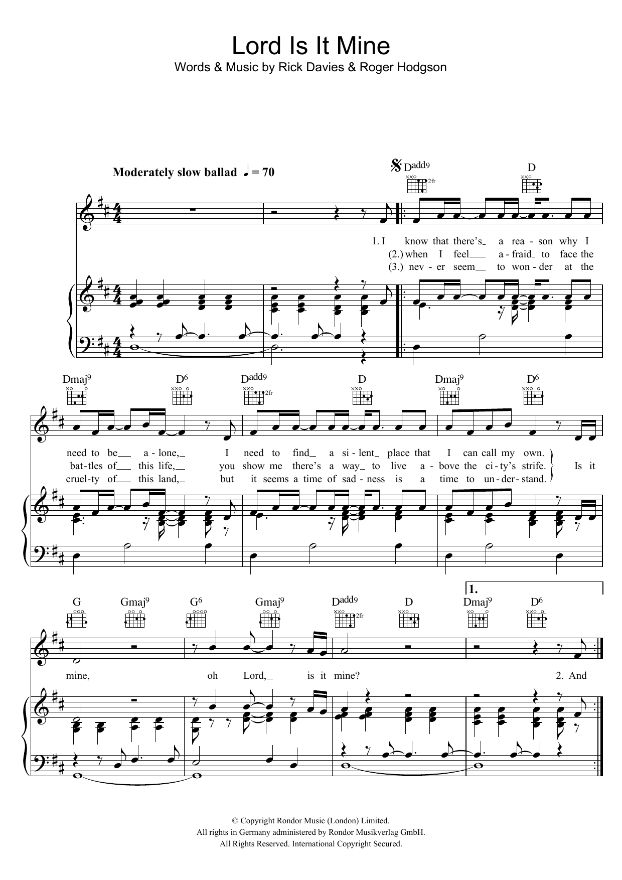 Supertramp Lord Is It Mine sheet music notes and chords. Download Printable PDF.