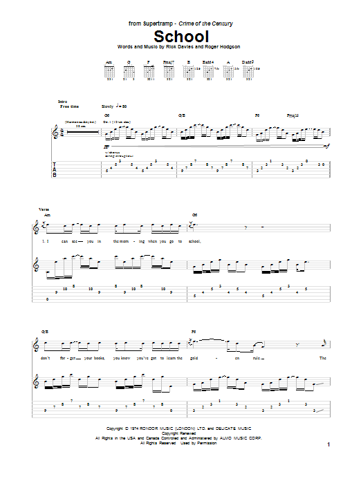 Supertramp School sheet music notes and chords. Download Printable PDF.