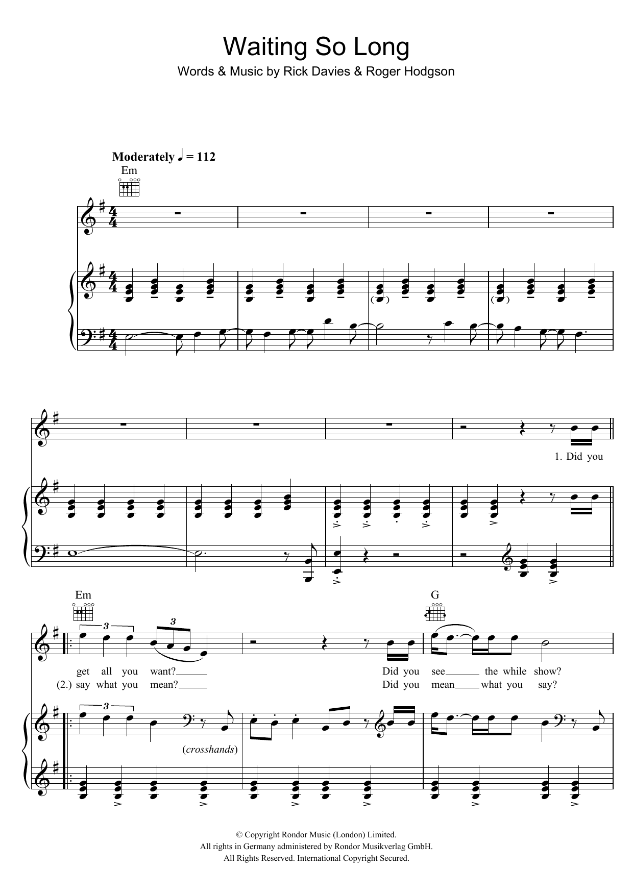 Supertramp Waiting So Long sheet music notes and chords arranged for Piano, Vocal & Guitar Chords