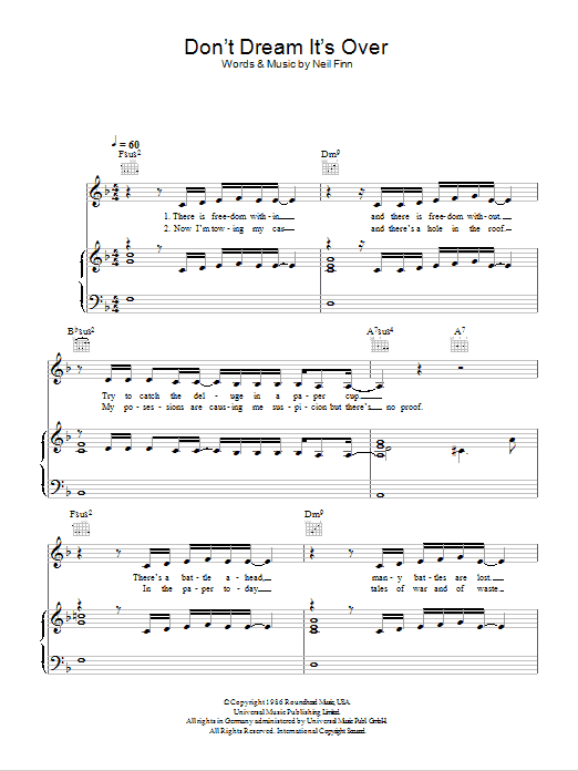 Susan Boyle Don't Dream It's Over sheet music notes and chords arranged for Piano, Vocal & Guitar Chords