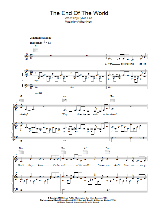 Learn to play Susan Boyle The End Of The World sheet music for Piano, Vocal & Guitar Chords in minutes. Price: 7.8900$ Susan Boyle The End Of The World sheet music notes and chords arranged for Piano, Vocal & Guitar Chords