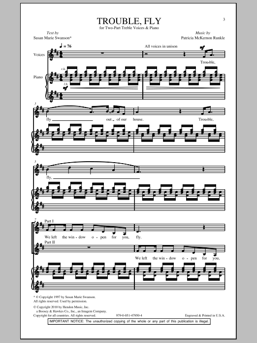 Susan Marie Swanson Trouble, Fly sheet music notes and chords arranged for 2-Part Choir