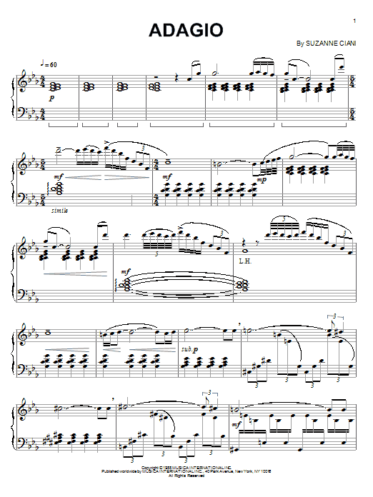 Learn to play Suzanne Ciani Adagio sheet music for Piano Solo in minutes. Price: 7.8900$ Suzanne Ciani Adagio sheet music notes and chords arranged for Piano Solo