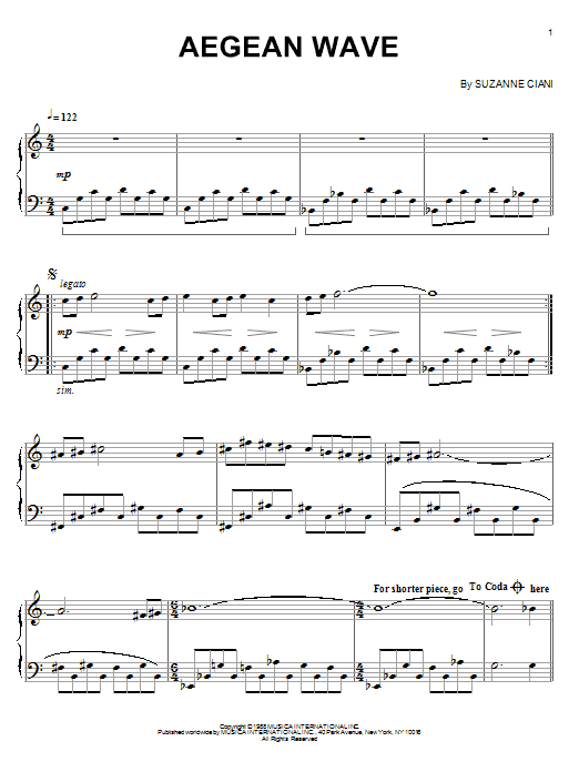 Learn to play Suzanne Ciani Aegean Wave sheet music for Piano Solo in minutes. Price: 7.8900$ Suzanne Ciani Aegean Wave sheet music notes and chords arranged for Piano Solo