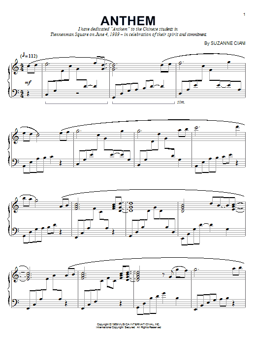 Learn to play Suzanne Ciani Anthem sheet music for Piano Solo in minutes. Price: 7.8900$ Suzanne Ciani Anthem sheet music notes and chords arranged for Piano Solo