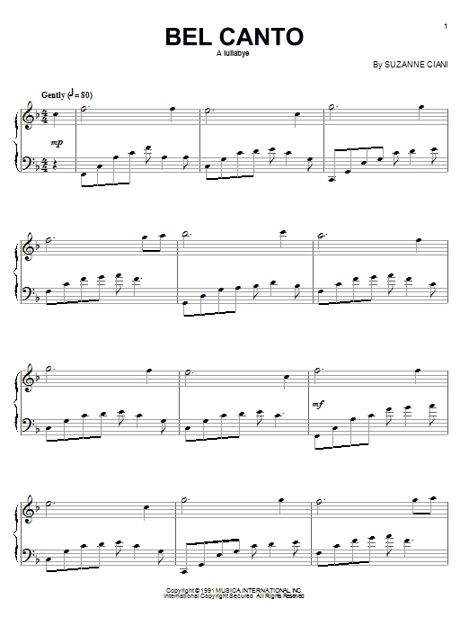 Learn to play Suzanne Ciani Bel Canto (Lullabye) sheet music for Piano Solo in minutes. Price: 7.8900$ Suzanne Ciani Bel Canto (Lullabye) sheet music notes and chords arranged for Piano Solo