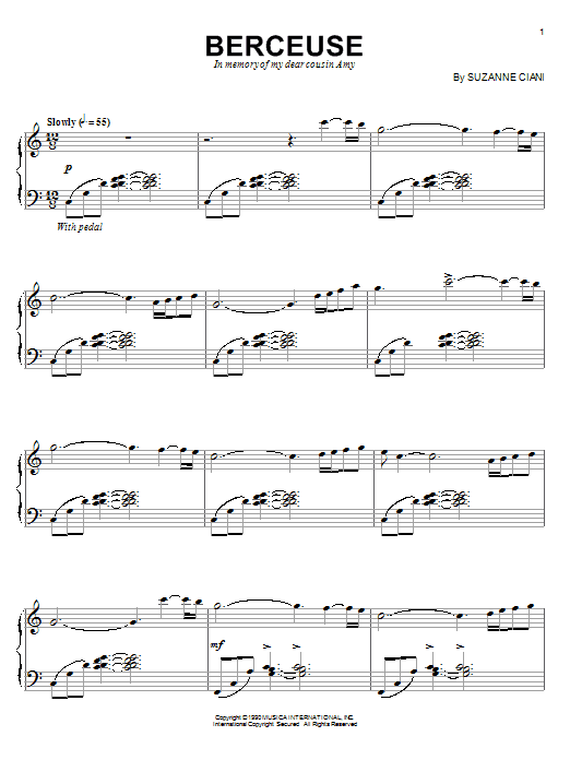Learn to play Suzanne Ciani Berceuse sheet music for Piano Solo in minutes. Price: 7.8900$ Suzanne Ciani Berceuse sheet music notes and chords arranged for Piano Solo