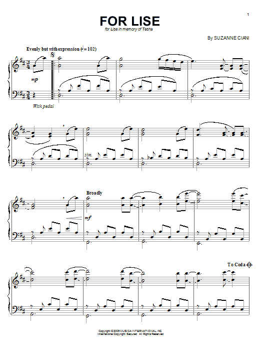Learn to play Suzanne Ciani For Lise sheet music for Piano Solo in minutes. Price: 7.8900$ Suzanne Ciani For Lise sheet music notes and chords arranged for Piano Solo