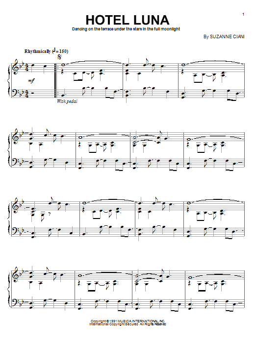 Learn to play Suzanne Ciani Hotel Luna sheet music for Piano Solo in minutes. Price: 7.8900$ Suzanne Ciani Hotel Luna sheet music notes and chords arranged for Piano Solo