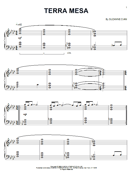Learn to play Suzanne Ciani Terra Mesa sheet music for Piano Solo in minutes. Price: 7.8900$ Suzanne Ciani Terra Mesa sheet music notes and chords arranged for Piano Solo