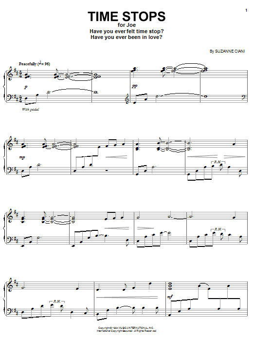 Learn to play Suzanne Ciani Time Stops sheet music for Piano Solo in minutes. Price: 7.8900$ Suzanne Ciani Time Stops sheet music notes and chords arranged for Piano Solo
