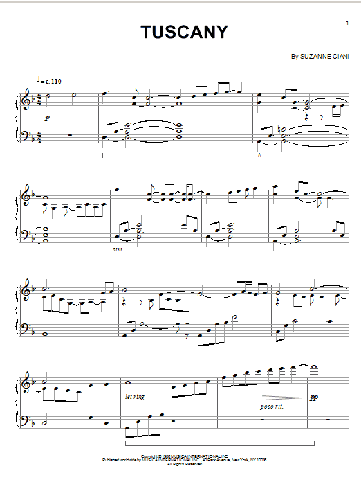 Suzanne Ciani Tuscany sheet music notes and chords. Download Printable PDF.