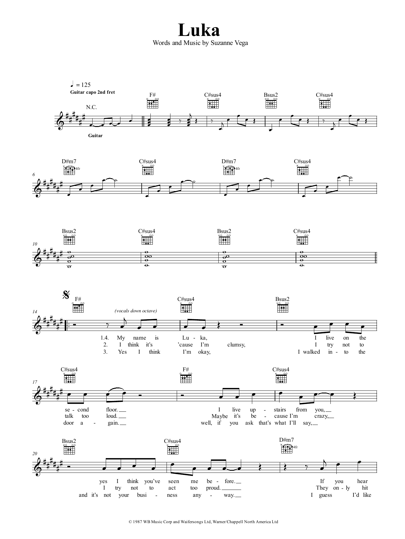 Suzanne Vega Luka sheet music notes and chords. Download Printable PDF.