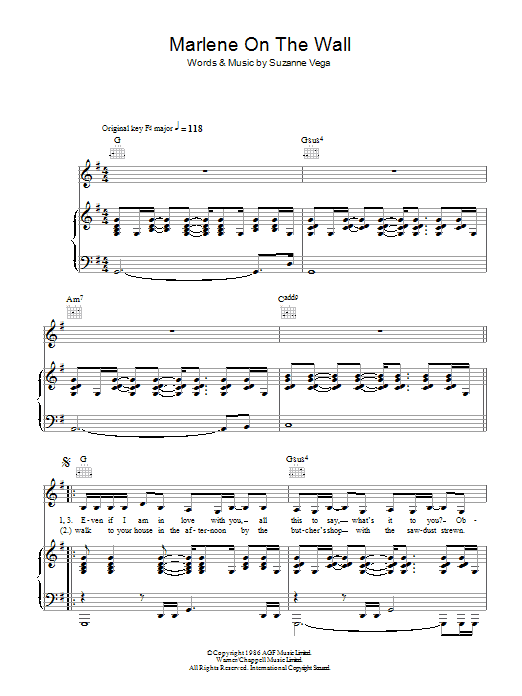 Suzanne Vega Marlene On The Wall sheet music notes and chords. Download Printable PDF.