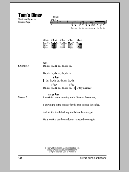 Suzanne Vega Tom's Diner sheet music notes and chords. Download Printable PDF.