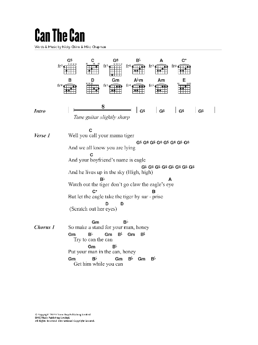 Learn to play Suzi Quatro Can The Can sheet music for Guitar Chords/Lyrics in minutes. Price: 4.4900$ Suzi Quatro Can The Can sheet music notes and chords arranged for Guitar Chords/Lyrics