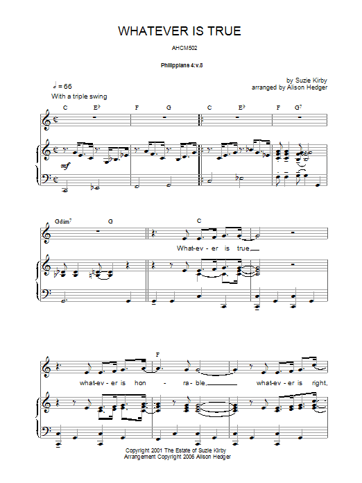 Learn to play Suzie Kirby Whatever Is True sheet music for Piano, Vocal & Guitar Chords in minutes. Price: 7.8900$ Suzie Kirby Whatever Is True sheet music notes and chords arranged for Piano, Vocal & Guitar Chords