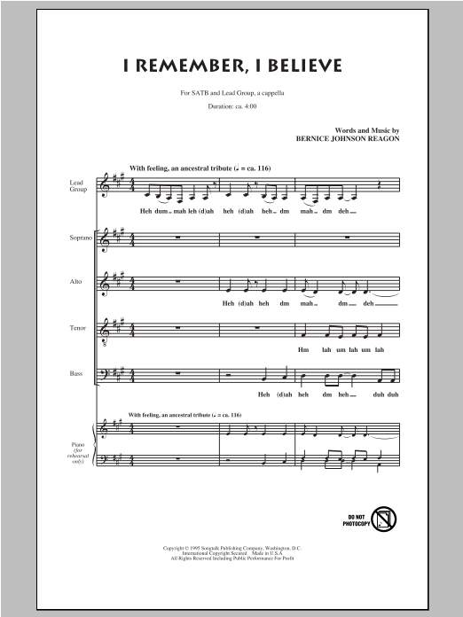 Sweet Honey In The Rock I Remember, I Believe sheet music notes and chords. Download Printable PDF.