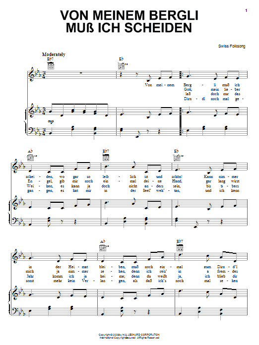 Swiss Folksong Von Meinem Bergli Muss Ich Scheiden sheet music notes and chords arranged for Piano, Vocal & Guitar Chords (Right-Hand Melody)