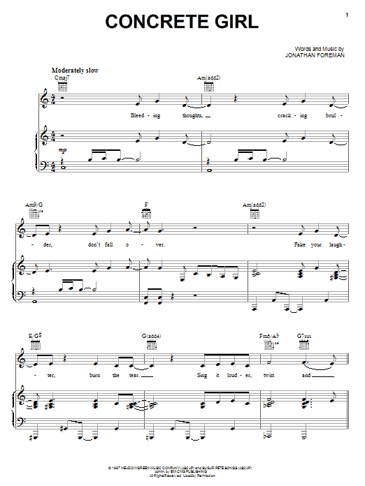 Learn to play Switchfoot Concrete Girl sheet music for Piano, Vocal & Guitar Chords (Right-Hand Melody) in minutes. Price: 7.8900$ Switchfoot Concrete Girl sheet music notes and chords arranged for Piano, Vocal & Guitar Chords (Right-Hand Melody)
