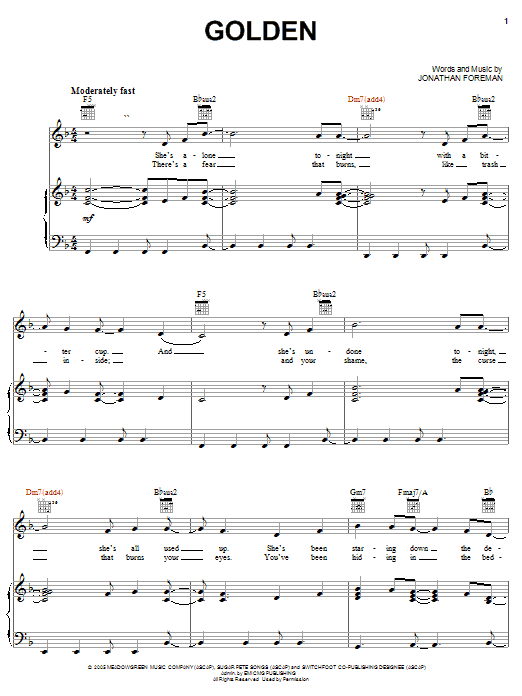 Learn to play Switchfoot Golden sheet music for Piano, Vocal & Guitar Chords (Right-Hand Melody) in minutes. Price: 7.8900$ Switchfoot Golden sheet music notes and chords arranged for Piano, Vocal & Guitar Chords (Right-Hand Melody)