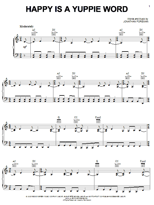 Learn to play Switchfoot Happy Is A Yuppie Word sheet music for Piano, Vocal & Guitar Chords (Right-Hand Melody) in minutes. Price: 7.8900$ Switchfoot Happy Is A Yuppie Word sheet music notes and chords arranged for Piano, Vocal & Guitar Chords (Right-Hand Melody)