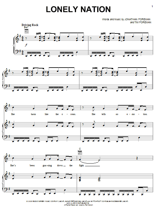 Learn to play Switchfoot Lonely Nation sheet music for Piano, Vocal & Guitar Chords (Right-Hand Melody) in minutes. Price: 7.8900$ Switchfoot Lonely Nation sheet music notes and chords arranged for Piano, Vocal & Guitar Chords (Right-Hand Melody)