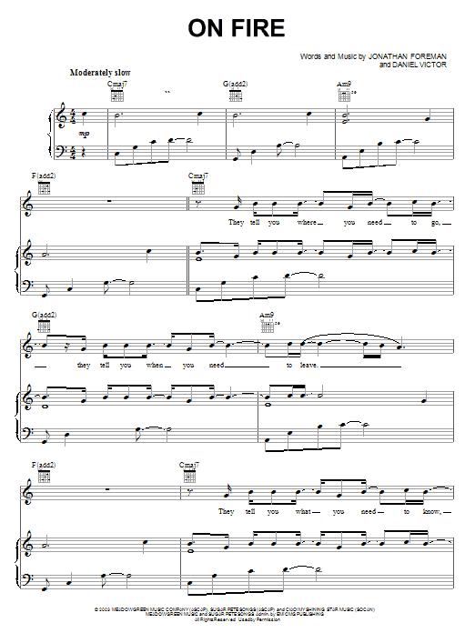 Learn to play Switchfoot On Fire sheet music for Piano, Vocal & Guitar Chords (Right-Hand Melody) in minutes. Price: 7.8900$ Switchfoot On Fire sheet music notes and chords arranged for Piano, Vocal & Guitar Chords (Right-Hand Melody)