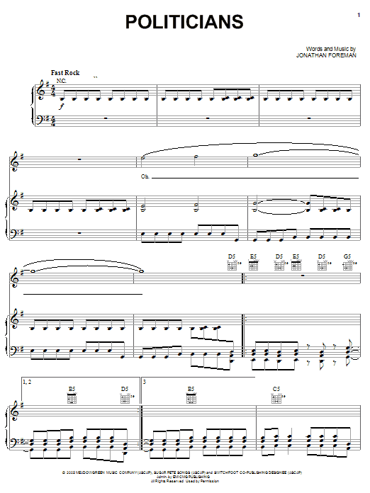 Learn to play Switchfoot Politicians sheet music for Guitar Tab in minutes. Price: 7.8900$ Switchfoot Politicians sheet music notes and chords arranged for Guitar Tab