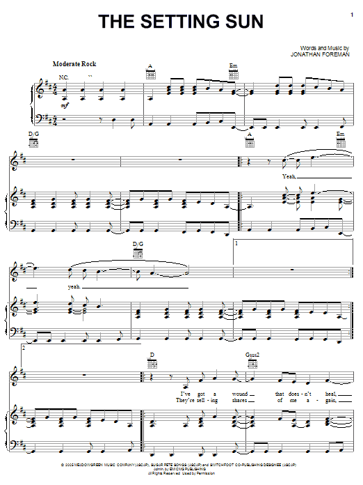 Learn to play Switchfoot The Setting Sun sheet music for Piano, Vocal & Guitar Chords (Right-Hand Melody) in minutes. Price: 7.8900$ Switchfoot The Setting Sun sheet music notes and chords arranged for Piano, Vocal & Guitar Chords (Right-Hand Melody)