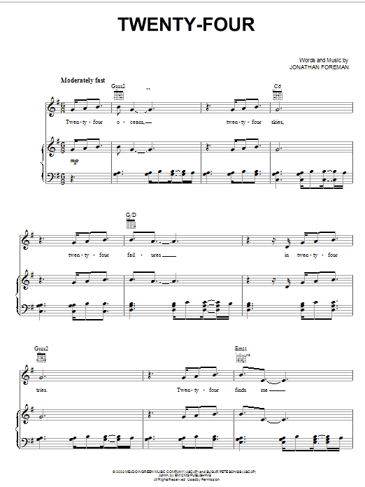 Learn to play Switchfoot Twenty-Four sheet music for Piano, Vocal & Guitar Chords (Right-Hand Melody) in minutes. Price: 7.8900$ Switchfoot Twenty-Four sheet music notes and chords arranged for Piano, Vocal & Guitar Chords (Right-Hand Melody)
