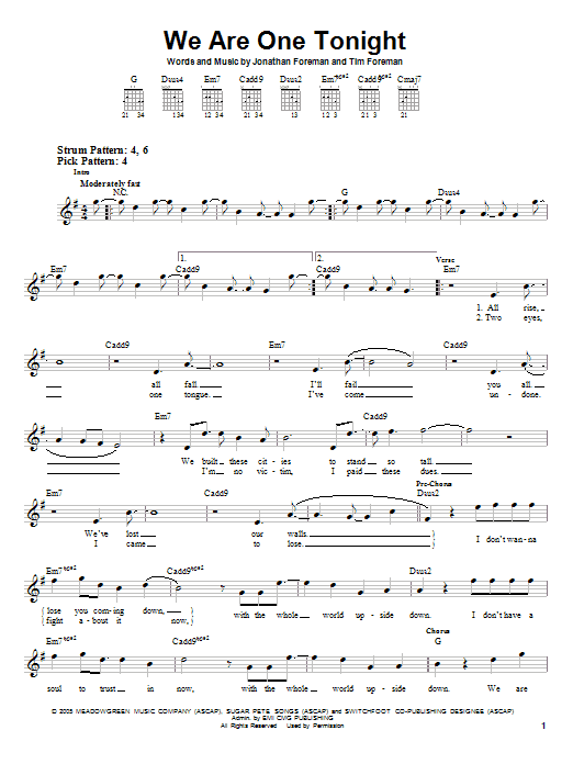 Switchfoot We Are One Tonight sheet music notes and chords. Download Printable PDF.