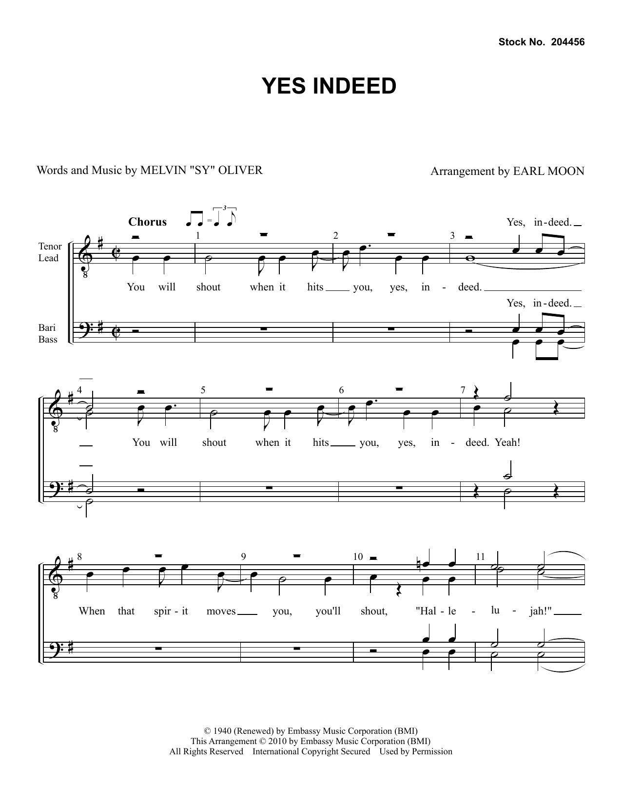 Learn to play Sy Oliver Yes Indeed (arr. Earl Moon) sheet music for TTBB Choir in minutes. Price: 3.9900$ Sy Oliver Yes Indeed (arr. Earl Moon) sheet music notes and chords arranged for TTBB Choir