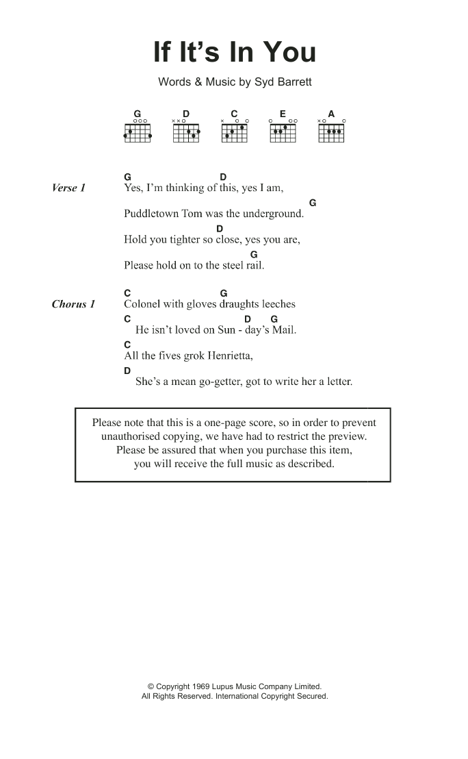 Learn to play Syd Barrett If It's In You sheet music for Guitar Chords/Lyrics in minutes. Price: 4.4900$ Syd Barrett If It's In You sheet music notes and chords arranged for Guitar Chords/Lyrics