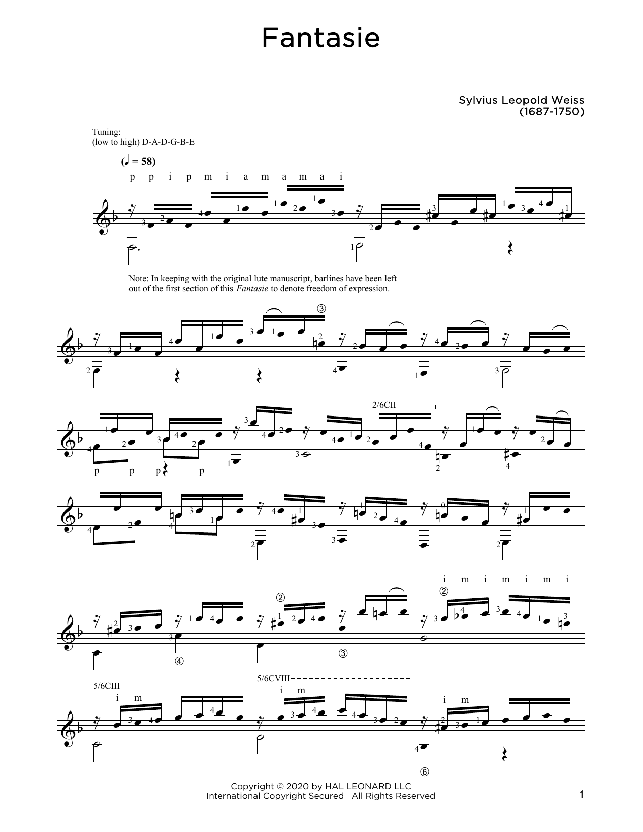 Sylvius Leopold Weiss Fantasie sheet music notes and chords. Download Printable PDF.