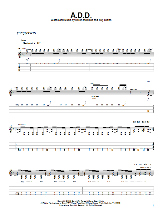 Learn to play System Of A Down A.D.D. sheet music for Guitar Tab in minutes. Price: 7.8900$ System Of A Down A.D.D. sheet music notes and chords arranged for Guitar Tab