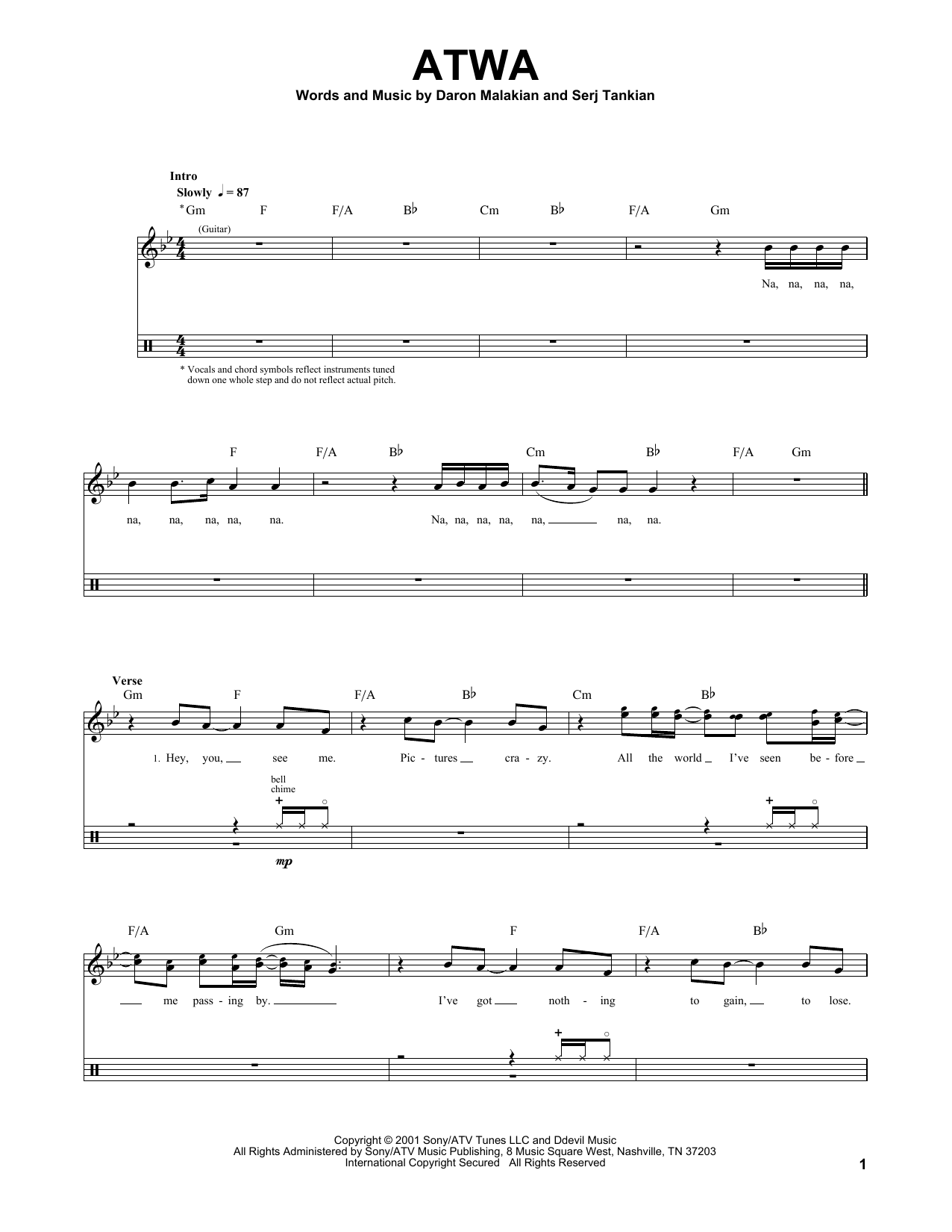 System Of A Down ATWA sheet music notes and chords. Download Printable PDF.