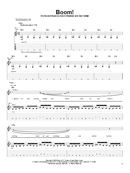Learn to play System Of A Down Boom! sheet music for Guitar Tab in minutes. Price: 7.8900$ System Of A Down Boom! sheet music notes and chords arranged for Guitar Tab