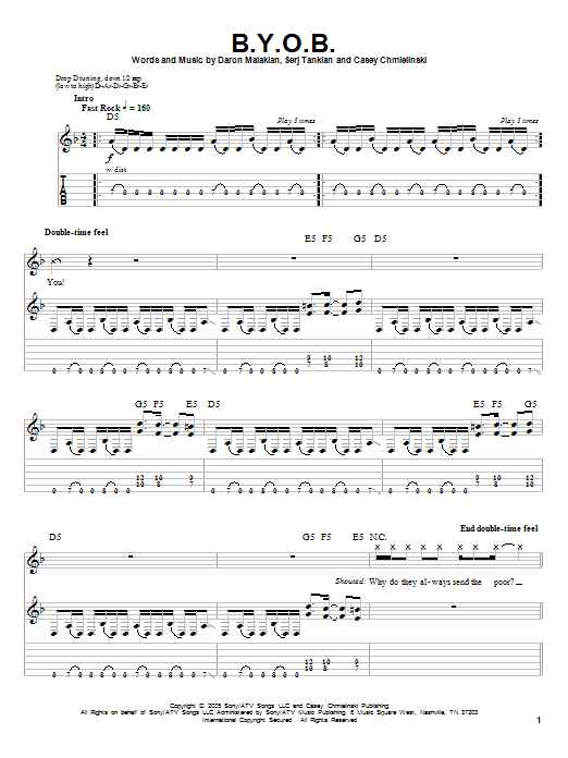 System Of A Down B.Y.O.B. sheet music notes and chords. Download Printable PDF.