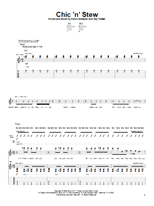 Learn to play System Of A Down Chic 'N' Stew sheet music for Guitar Tab in minutes. Price: 7.8900$ System Of A Down Chic 'N' Stew sheet music notes and chords arranged for Guitar Tab