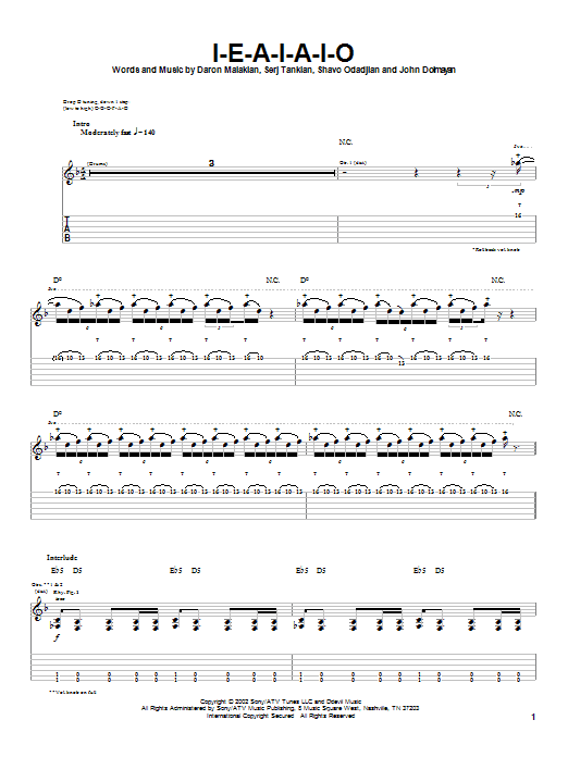 Learn to play System Of A Down I-E-A-I-A-I-O sheet music for Guitar Tab in minutes. Price: 7.8900$ System Of A Down I-E-A-I-A-I-O sheet music notes and chords arranged for Guitar Tab
