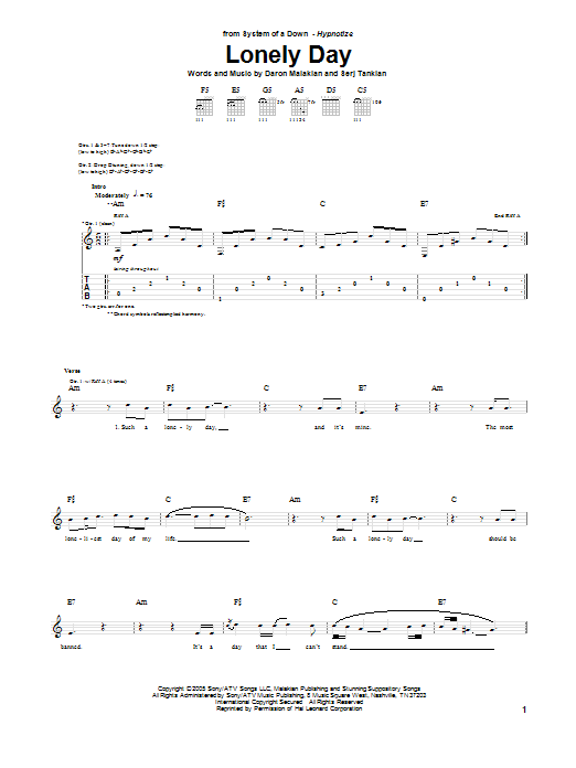 System Of A Down Lonely Day sheet music notes and chords. Download Printable PDF.