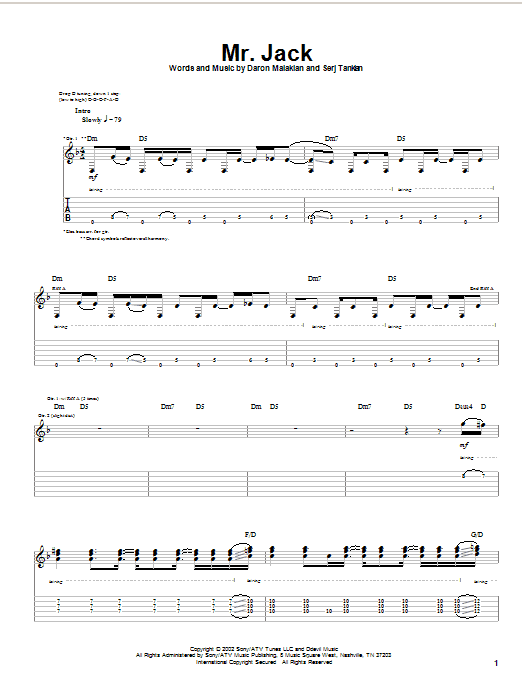 System Of A Down Mr. Jack sheet music notes and chords arranged for Guitar Tab