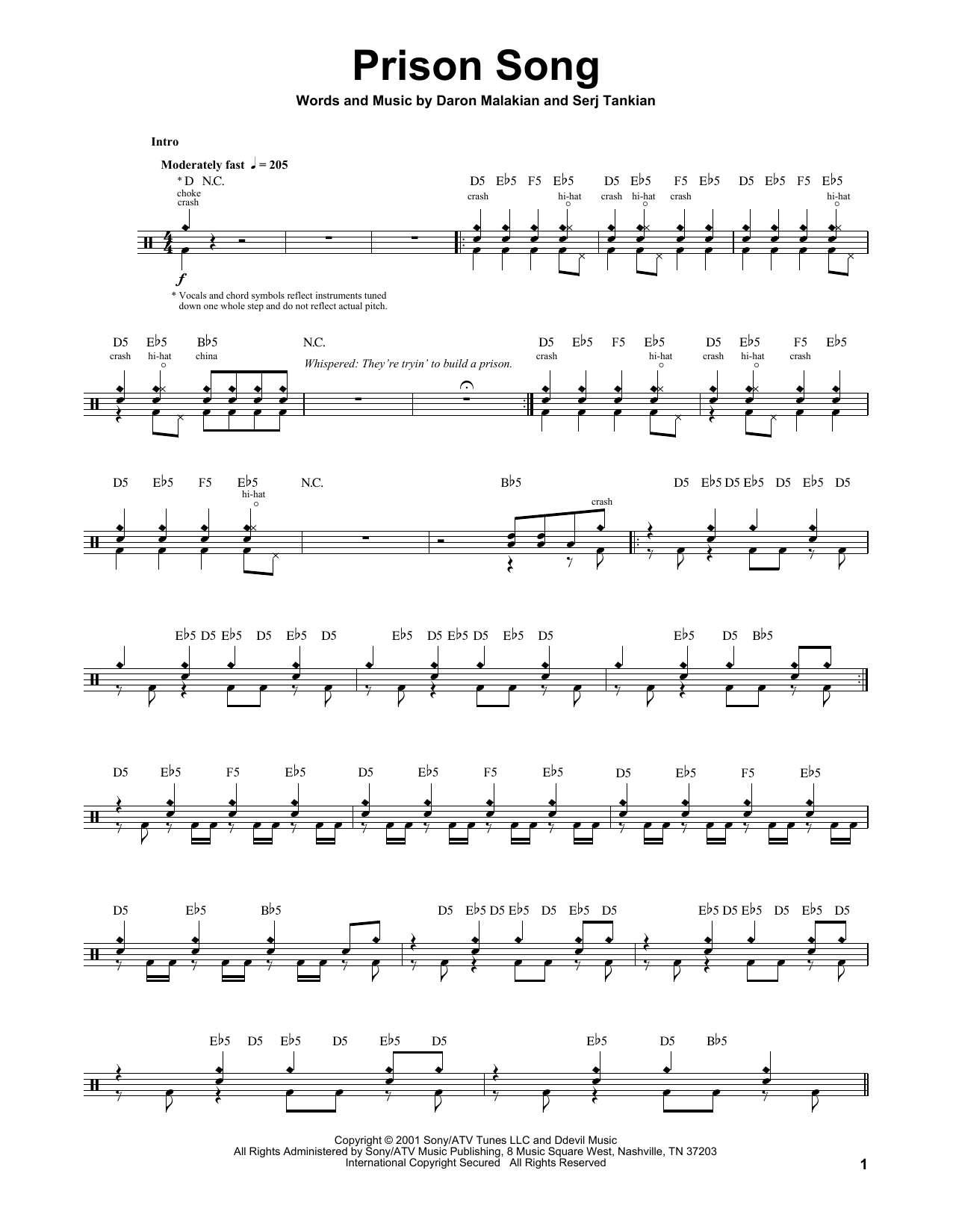 System Of A Down Prison Song sheet music notes and chords. Download Printable PDF.