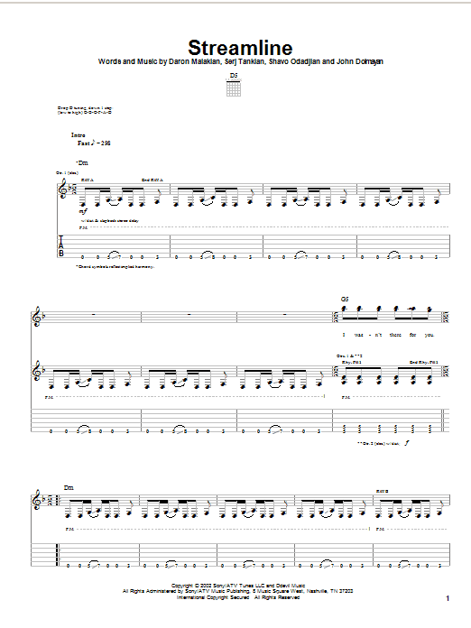 Learn to play System Of A Down Streamline sheet music for Guitar Tab in minutes. Price: 7.8900$ System Of A Down Streamline sheet music notes and chords arranged for Guitar Tab