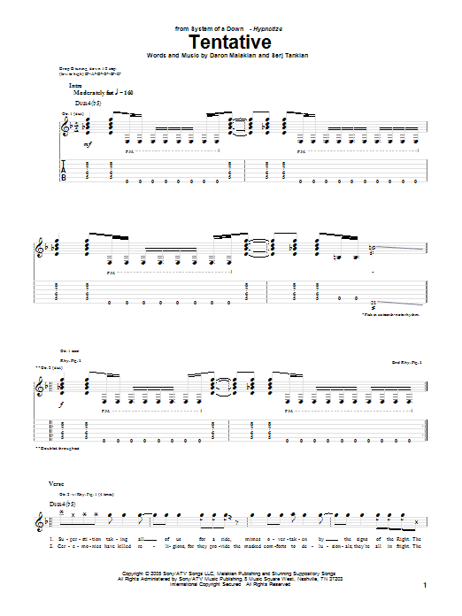 Learn to play System Of A Down Tentative sheet music for Guitar Tab in minutes. Price: 7.8900$ System Of A Down Tentative sheet music notes and chords arranged for Guitar Tab